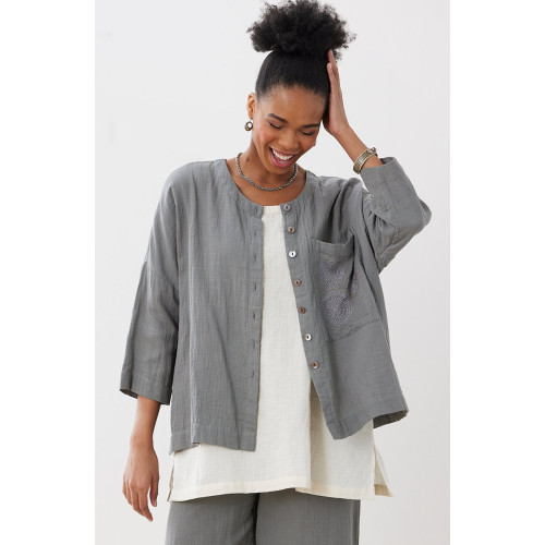 Rishra Cotton Double Gauze Embroidered Jacket - Storm Rishra Cotton Double Gauze Embroidered Jacket - Storm