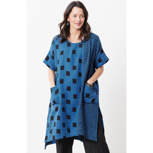 Bhadra Cotton Double Gauze Side Slit Tunic - Marine/Black Bhadra Cotton Double Gauze Side Slit Tunic - Marine/Black